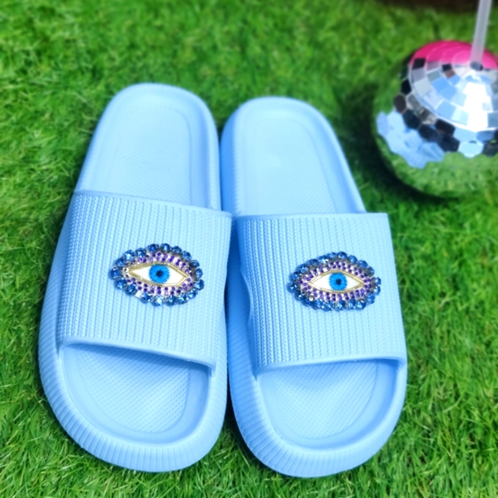 Blue Rhinestone Evil Eye beach slides
